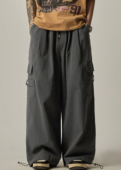 Dark Grey Pockets Cotton Beam Pants Elastic Waist Spring