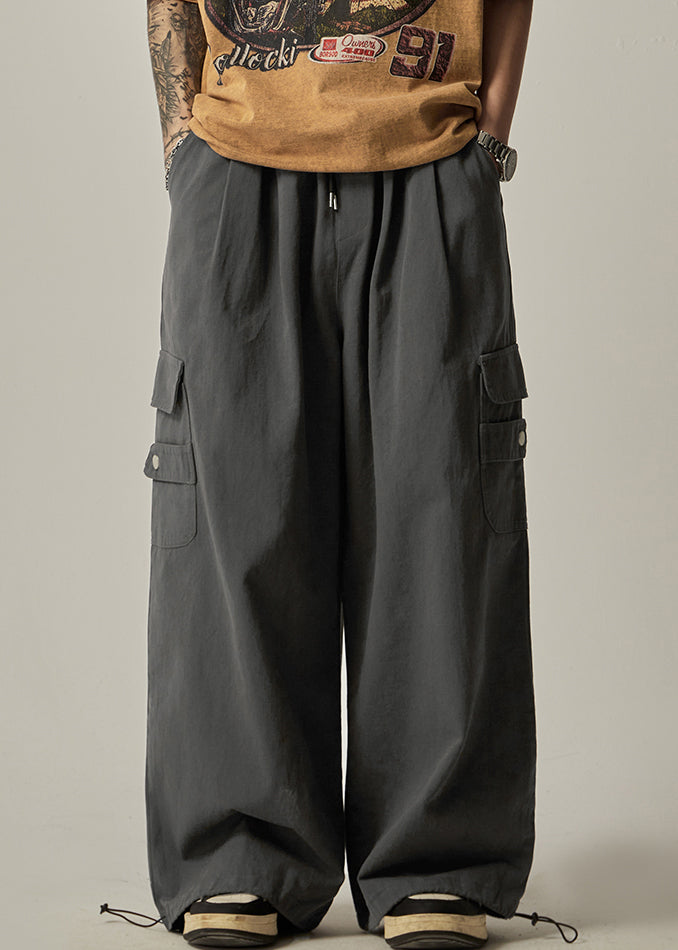 Dark Grey Pockets Cotton Beam Pants Elastic Waist Spring