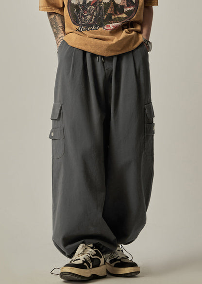 Dark Grey Pockets Cotton Beam Pants Elastic Waist Spring