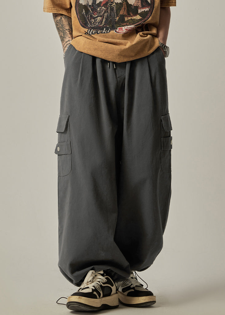 Dark Grey Pockets Cotton Beam Pants Elastic Waist Spring