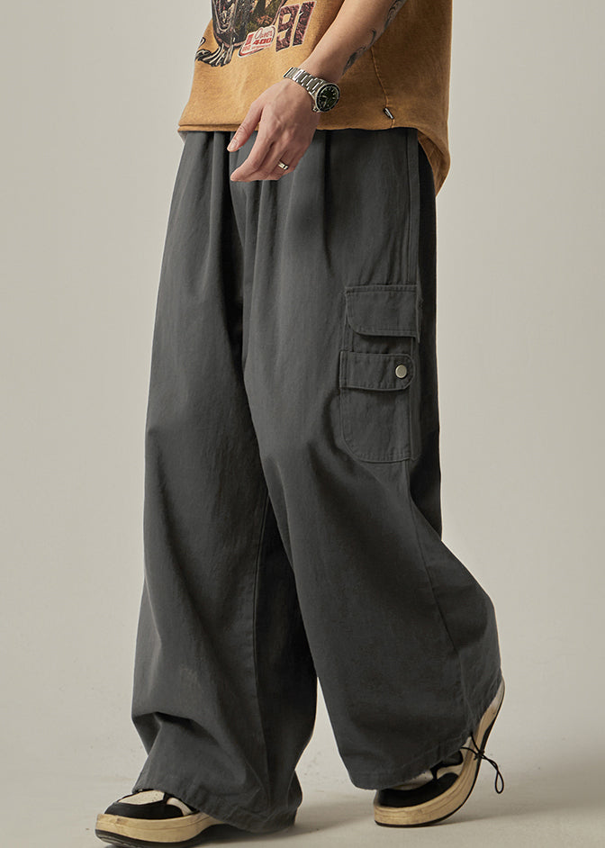 Dark Grey Pockets Cotton Beam Pants Elastic Waist Spring