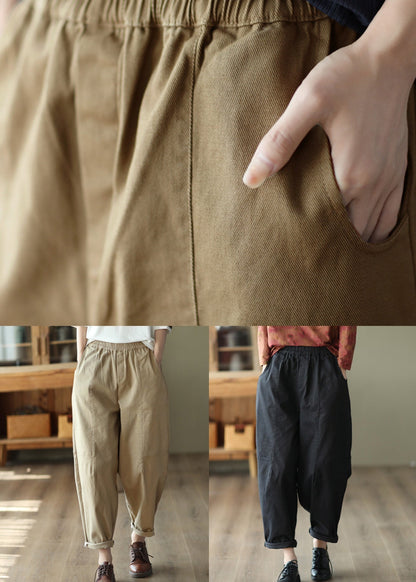 Dark Khaki Elastic Waist Cotton Harem Pants