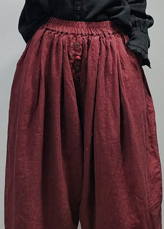 Dark Red Pocket Linen Harem Pants Button Spring