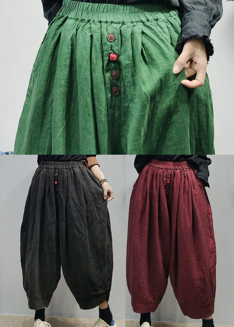 Dark Red Pocket Linen Harem Pants Button Spring