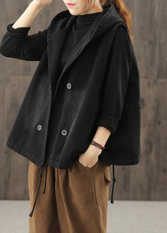 Denim Black Waistcoat Autumn Loose Large Size Tooling Double Breasted Hooded Vest