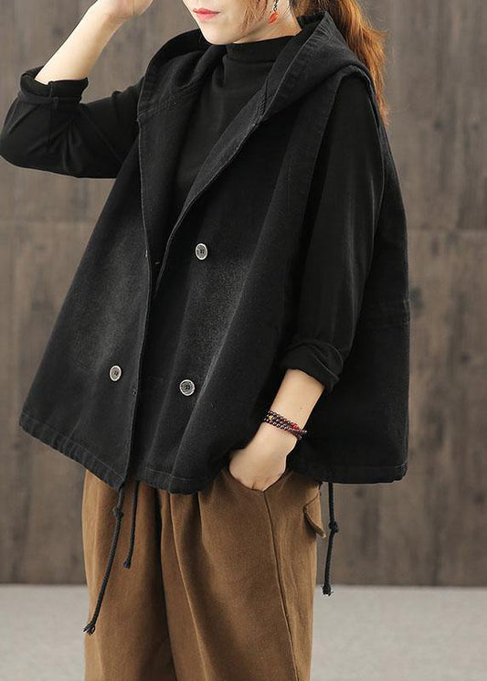Denim Black Waistcoat Autumn Loose Large Size Tooling Double Breasted Hooded Vest