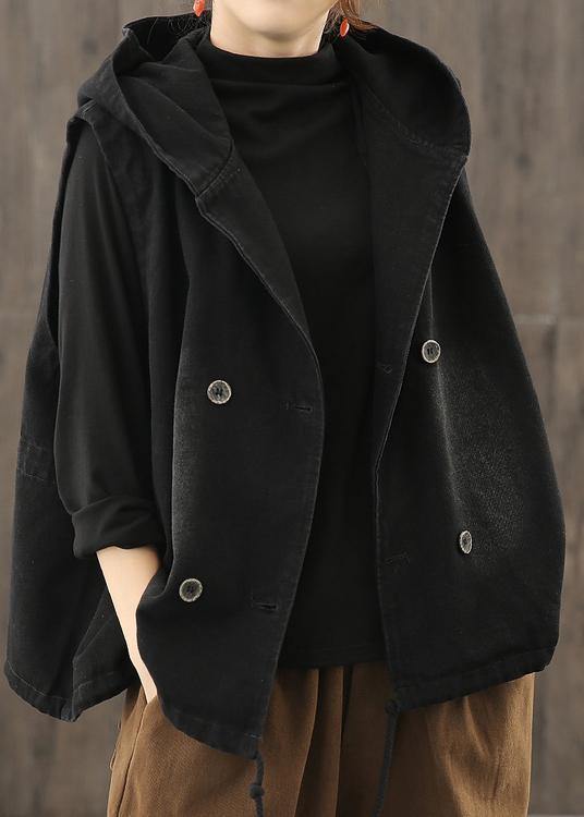 Denim Black Waistcoat Autumn Loose Large Size Tooling Double Breasted Hooded Vest
