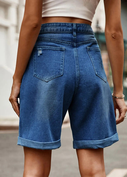 Denim Blue Button Denim Summer Shorts High Waist