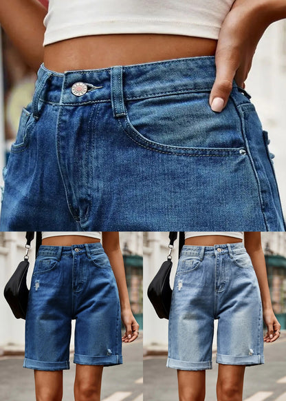 Denim Blue Button Denim Summer Shorts High Waist