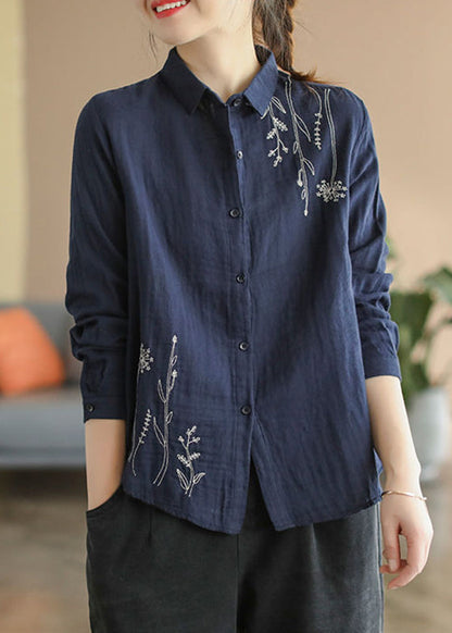 Denim Blue Fall Cotton Button Shirts Embroidered