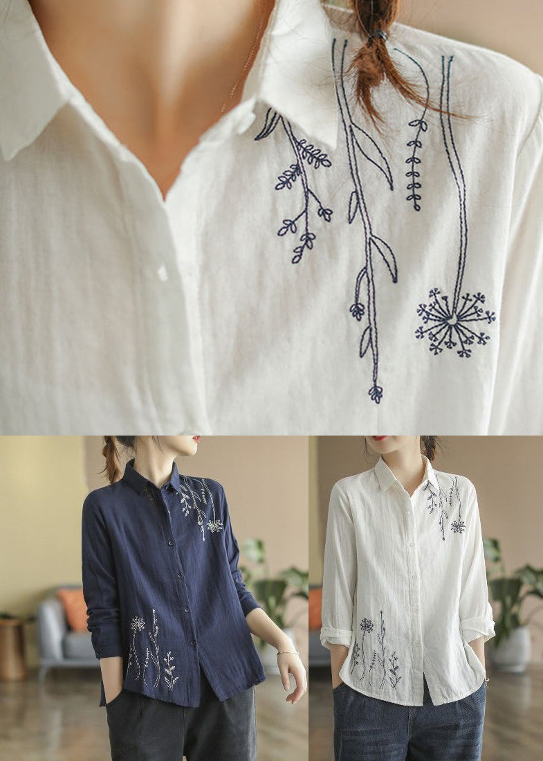 Denim Blue Fall Cotton Button Shirts Embroidered