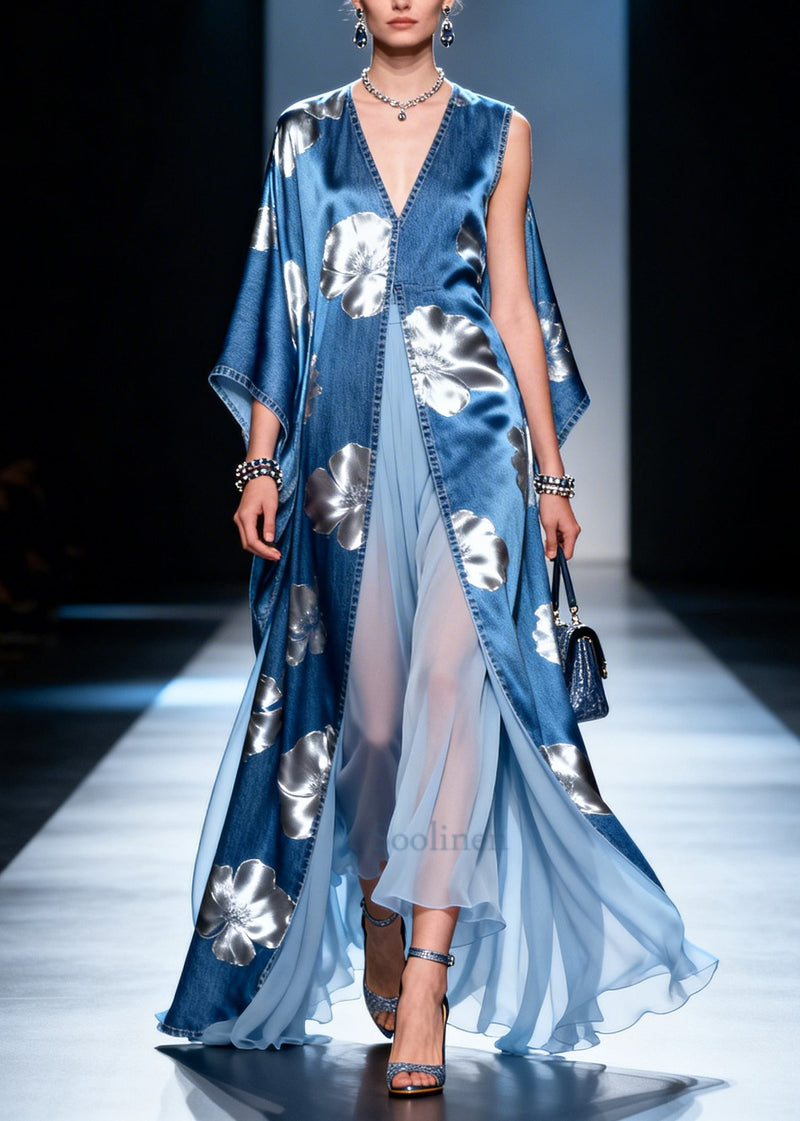 Denim Blue Patchwork Chiffon Dresses Asymmetrical Side Open Summer