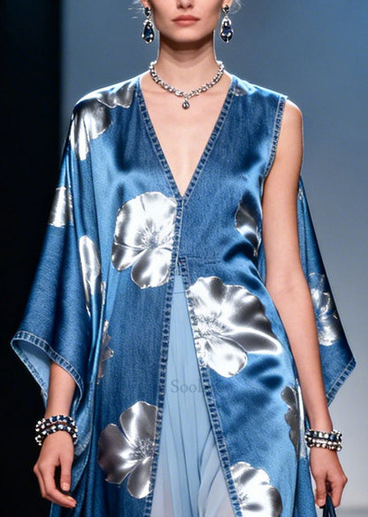 Denim Blue Patchwork Chiffon Dresses Asymmetrical Side Open Summer
