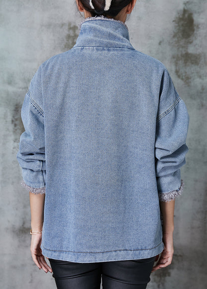 Denim Blue Patchwork Fleece Wool Lined Coat Oversized Winter
