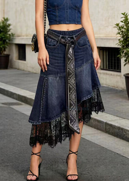 Denim Blue Patchwork Lace Skirt Low High Design Summer