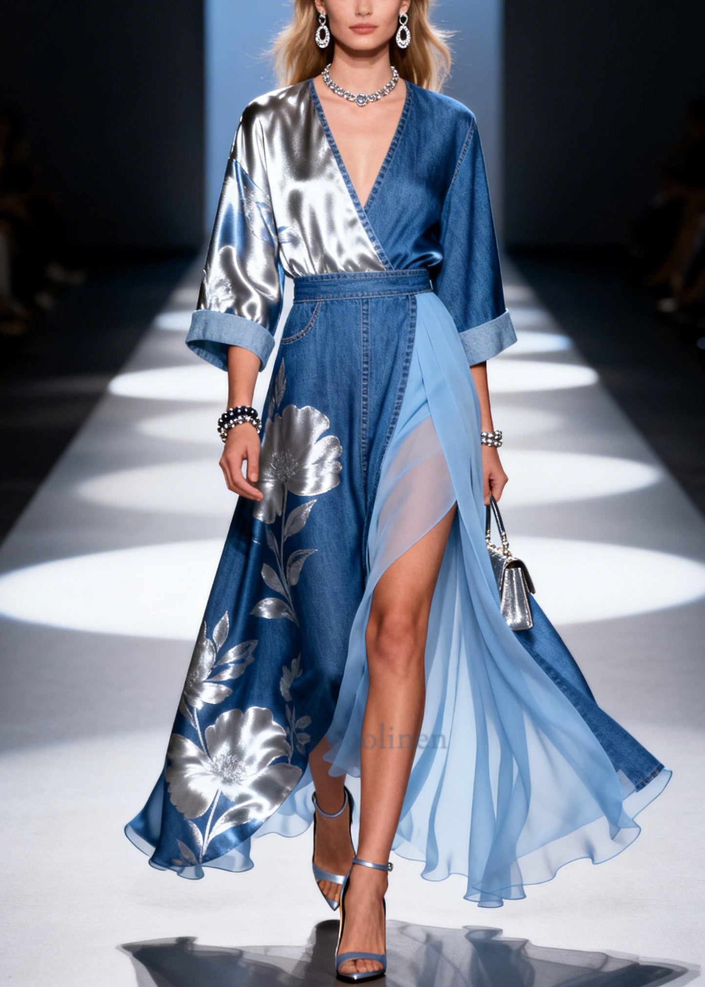 Denim Blue Patchwork Tulle Dress Asymmetrical Side Open Summer