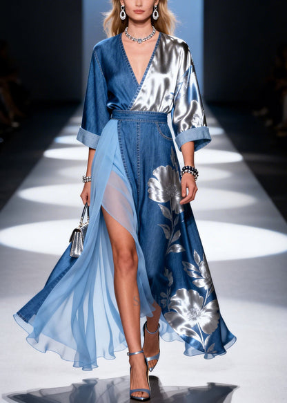 Denim Blue Patchwork Tulle Dress Asymmetrical Side Open Summer