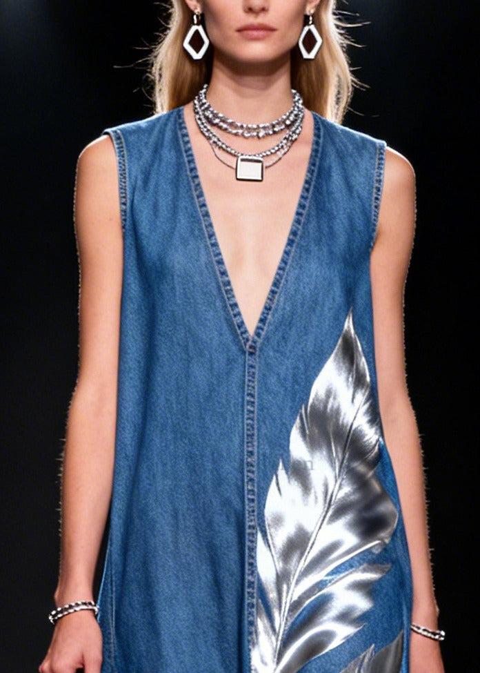 Denim Blue Patchwork Tulle Holiday Dress Oversized Print Summer