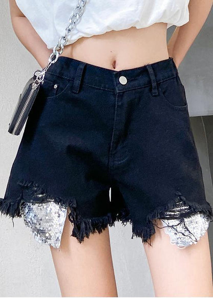 Denim Black Shorts Thin Section Large Size Hole High Waist Pants