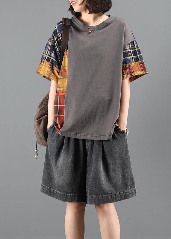 Denim Shorts Suit Summer Loose Gray Plaid Stitching Two-piece Suit