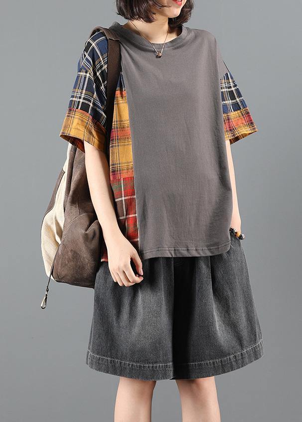Denim Shorts Suit Summer Loose Gray Plaid Stitching Two-piece Suit