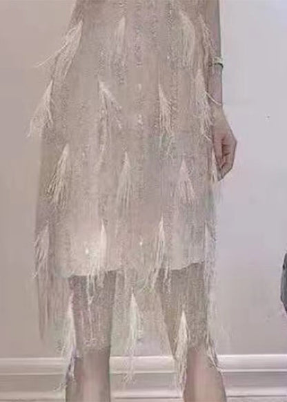 Dinner Beige O-neck Tassel Lace Maxi Dresses Summer