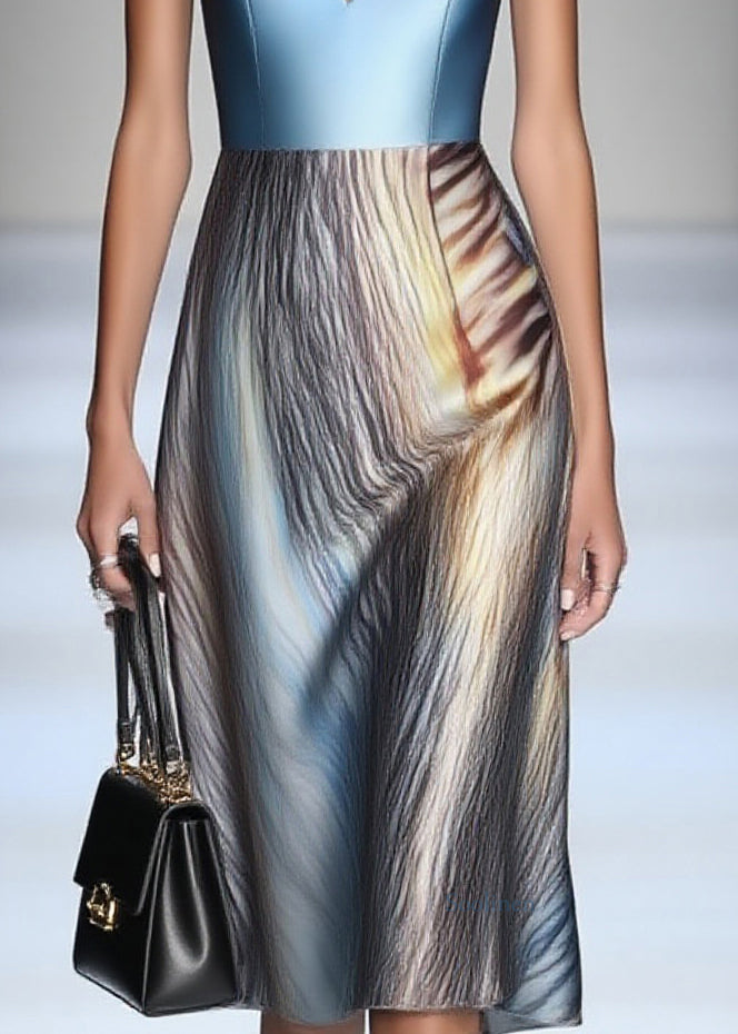 Dinner Blue Print Patchwork Silk Long Dress Sleeveless