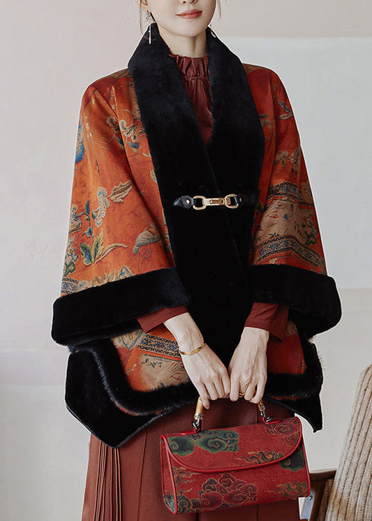 Dinner Fur Collar Print Button Leather and Fur Outwear Winter