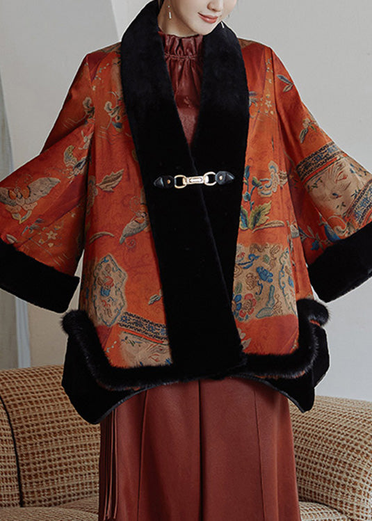 Dinner Fur Collar Print Button Leather and Fur Outwear Winter