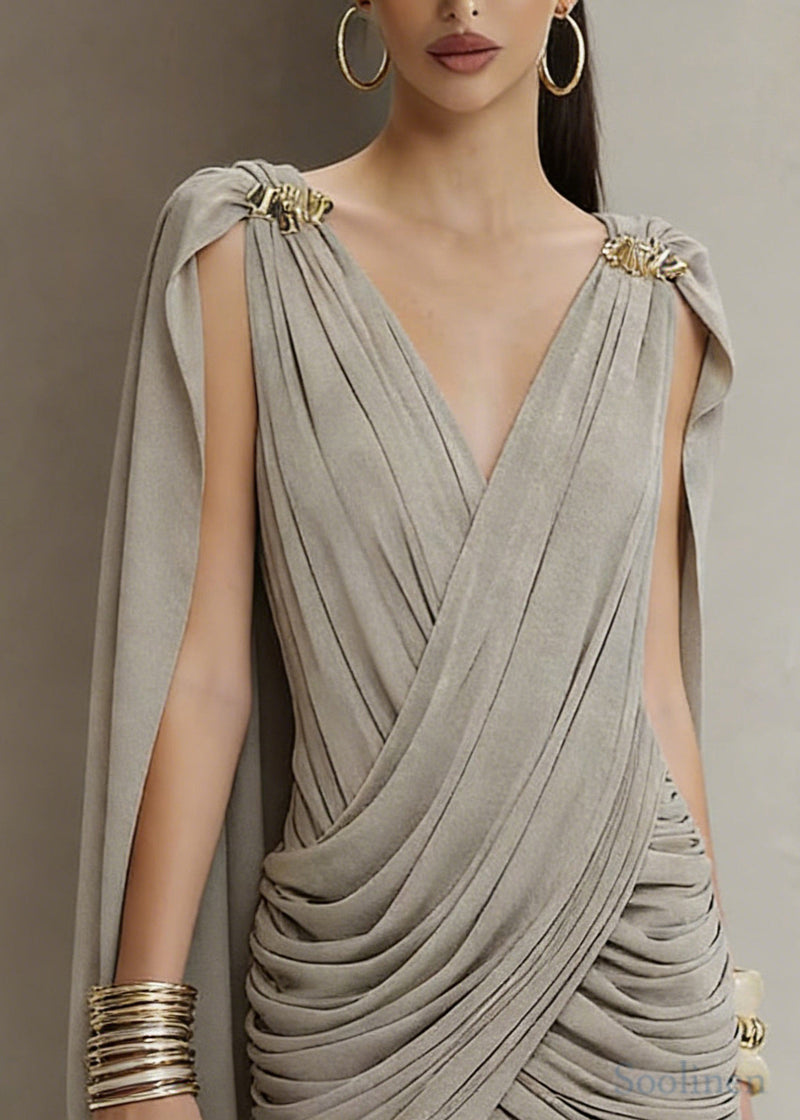Dinner Grey V Neck Wrinkled Mid Dress Spring