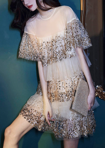 Dinner O-neck Nail Bead Wrinkled Tulle Mid Dress Short Sleeve