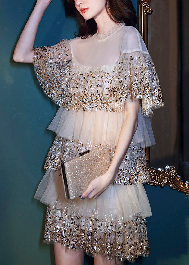 Dinner O-neck Nail Bead Wrinkled Tulle Mid Dress Short Sleeve