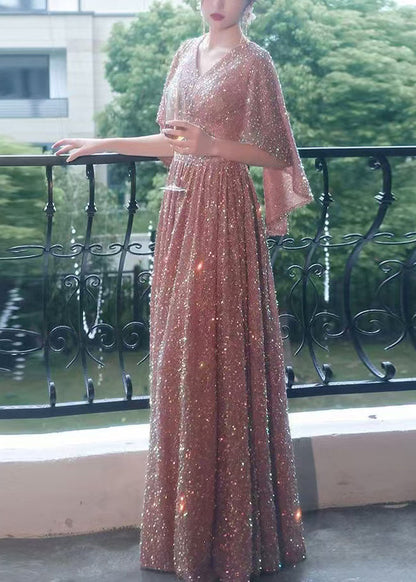 Dinner Pink V Neck High Waist Sequins Cotton Party Dress
