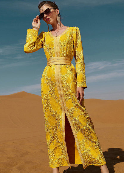 Dinner Yellow O-neck Slim Lace Maxi Dresses Long Sleeve
