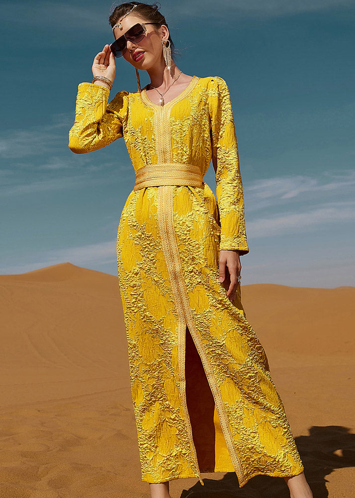 Dinner Yellow O-neck Slim Lace Maxi Dresses Long Sleeve