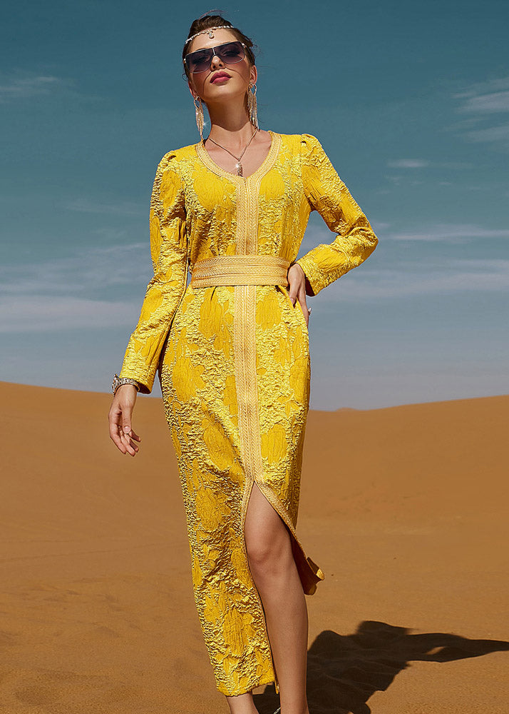 Dinner Yellow O-neck Slim Lace Maxi Dresses Long Sleeve