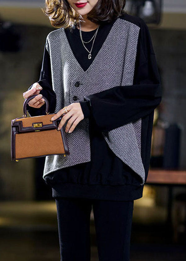 Diy Black Asymmetrical Patchwork Cotton Fake Two Piece Sweatshirt Winter