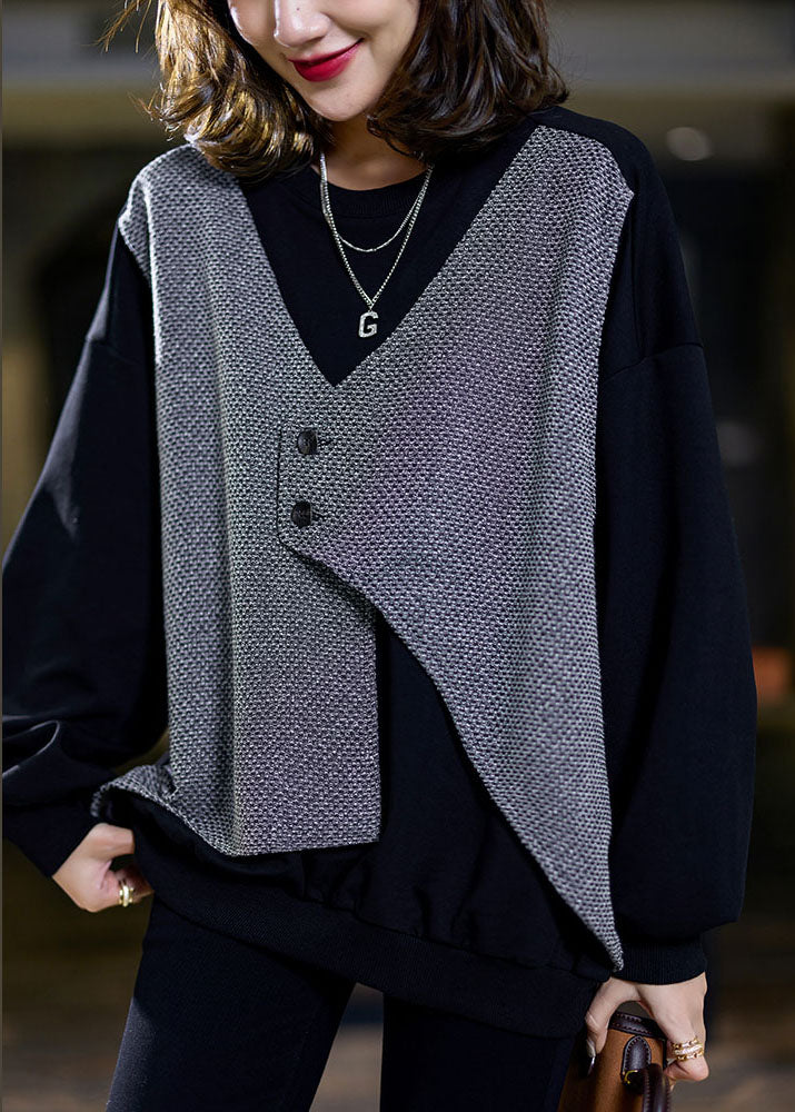 Diy Black Asymmetrical Patchwork Cotton Fake Two Piece Sweatshirt Winter