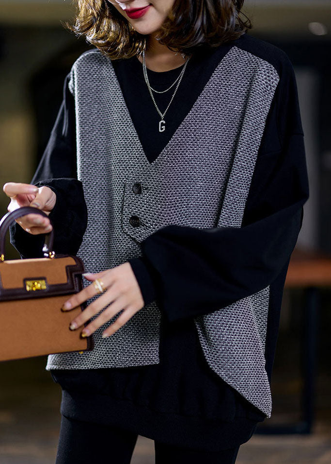Diy Black Asymmetrical Patchwork Cotton Fake Two Piece Sweatshirt Winter