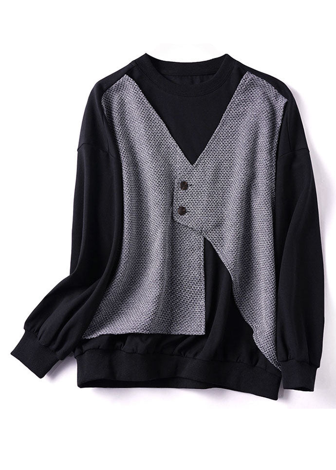 Diy Black Asymmetrical Patchwork Cotton Fake Two Piece Sweatshirt Winter