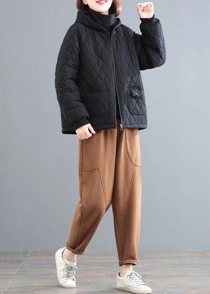 Diy Black Hooded Patchwork Fine Cotton Filled Parka Winter