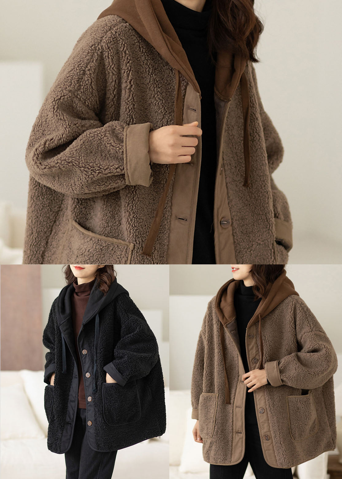 Diy Black Hooded Patchwork Thick Teddy Faux Fur Coats in Winter