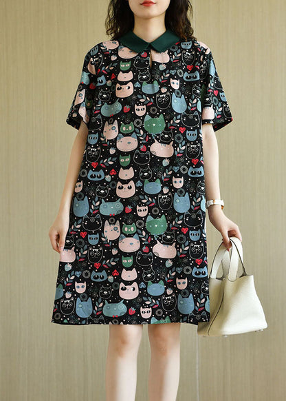 Diy Black Peter Pan Collar Zippered Cat Print Chiffon Mid Dress Short Sleeve