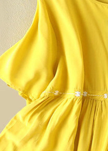 Diy Blue O-neck Asymmetrical Embroideried Wrinkled Cotton Shirts Short Sleeve