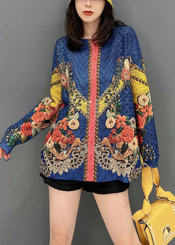 Diy Blue O-neck Print Knit Sweater Tops Winter