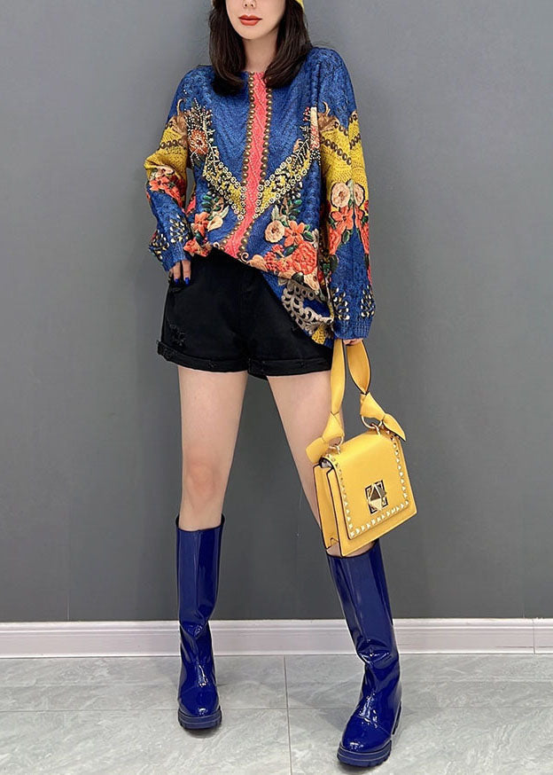 Diy Blue O-neck Print Knit Sweater Tops Winter