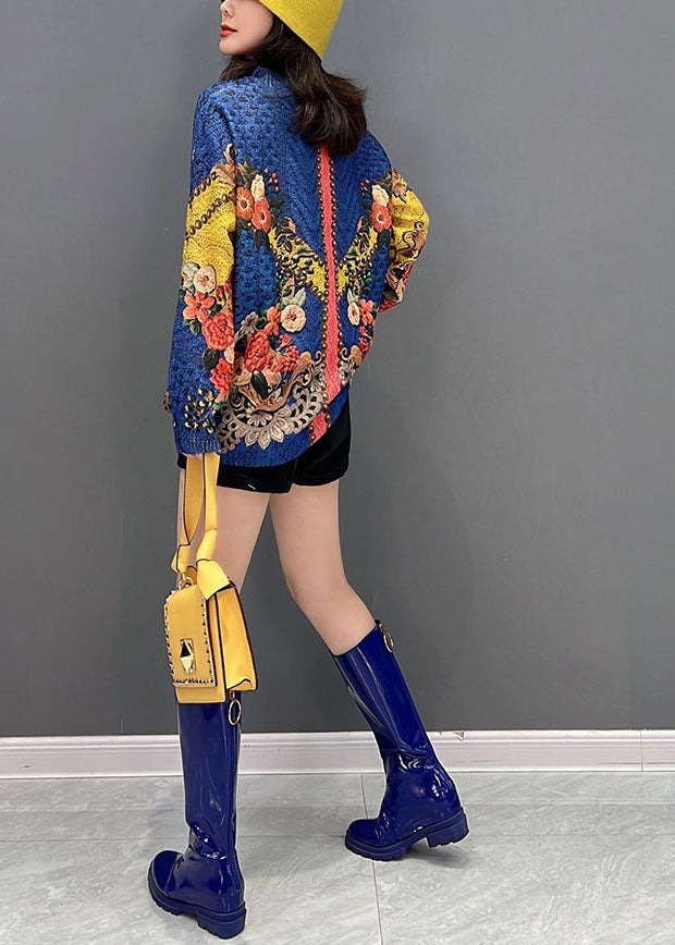 Diy Blue O-neck Print Knit Sweater Tops Winter