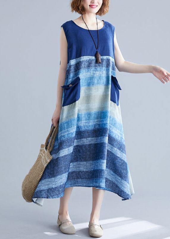 Diy Blue Patchwork Striped O-neck Summer Cotton Dress