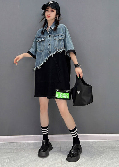Diy Blue Peter Pan Collar Asymmetrical Denim Patchwork Button Pockets Dress Short Sleeve