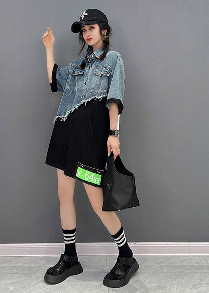Diy Blue Peter Pan Collar Asymmetrical Denim Patchwork Button Pockets Dress Short Sleeve